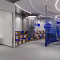 Modern Specialty Store Interior With Circular Layout White Blue Display Shelves Screens And Chairs