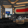 Modern KTV Interior Design With Neon Lights Sofa Seating Round Tables And TV Screens