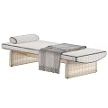 Modern Beige Fabric Ottoman Bench With Wooden Legs And Striped Throw Blanket