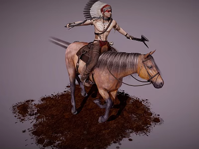 Game and Movie Character Riding Horse With Feathered Headdress Holding Weapon On Dirt Ground 3d model