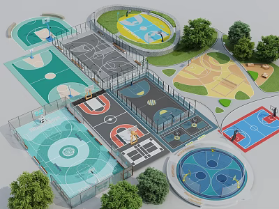 Multi Sport Outdoor Fitness Complex With Basketball Courts And Green Surroundings 3d model