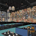 Traditional Mural Restaurant Interior With Colorful Booth Seating Neat Table Settings And Pendant Lights