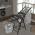 Gray Foldable Metal Clothes Drying Rack With Hanging Clothes And Shoes In Indoor Laundry Area