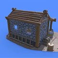 Cartoon Wooden Cabin Scene with Stone Wall Axe Hoe Wheel and Barrel