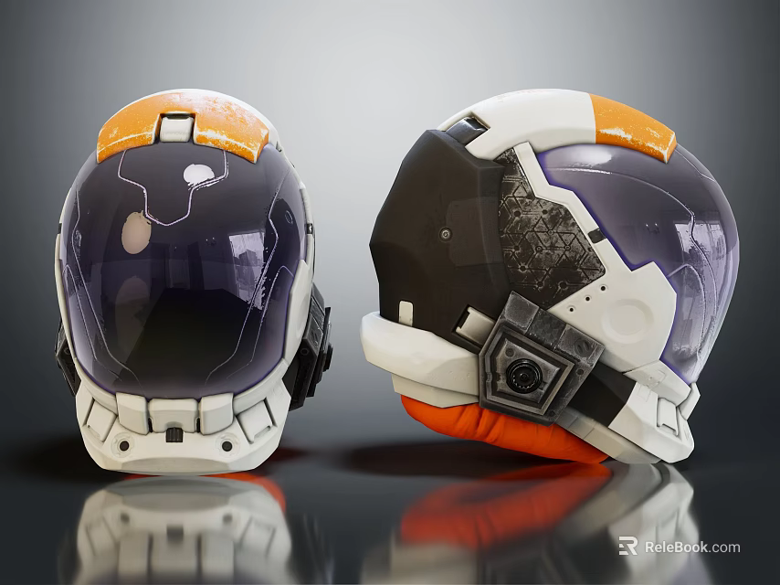 Modern Tech Inspired Helmets With Orange White Black Design And Transparent Visors 3d model