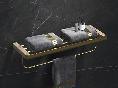 Elegant Bathroom Accessories With Golden Towel Rack Gray Towels Gold Trim And Aromatic Diffuser 3d model