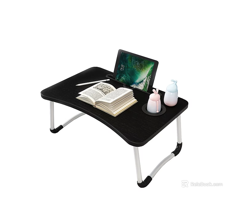 Foldable Kids Desk with Black Desktop Metal Legs Tablet Open Book Pen and Water Bottles 3d model 