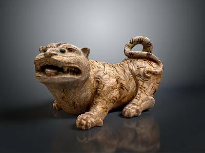 Ancient Style Tiger Sculpture With Intricate Carvings And Curled Tail In Lying Posture 3d model