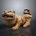 Ancient Style Tiger Sculpture With Intricate Carvings And Curled Tail In Lying Posture