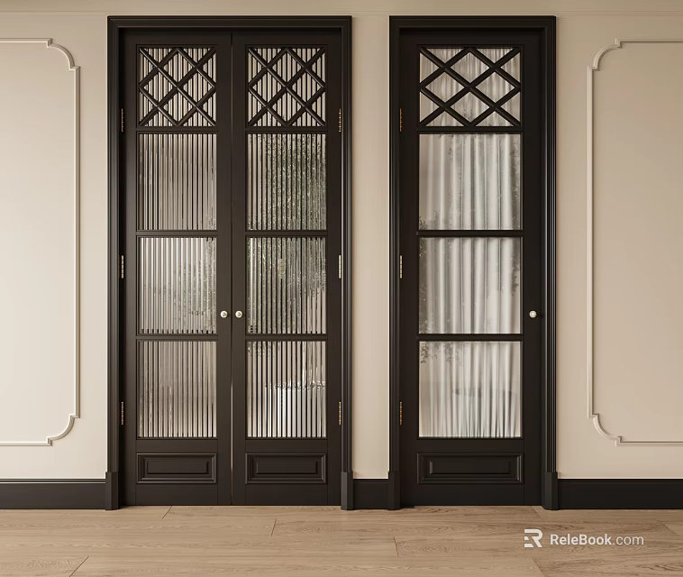 Black Wooden Doors With Lattice Design And Vertical Striped Glass On Light Walls Dark Floor 3d model 