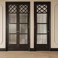 Black Wooden Doors With Lattice Design And Vertical Striped Glass On Light Walls Dark Floor