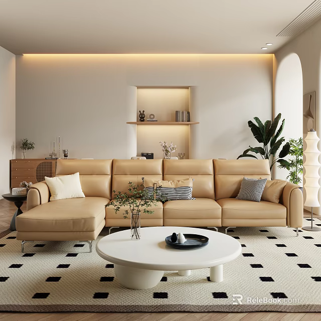 Modern Living Room With Beige L Shaped Sofa Throw Pillows And White Round Coffee Table 3d model 