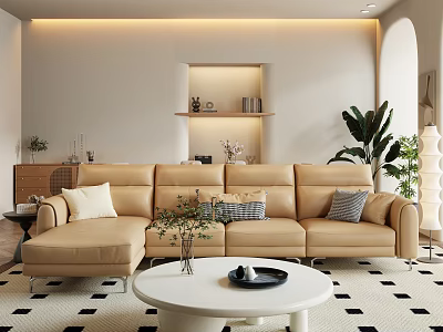 Modern Living Room With Beige L Shaped Sofa Throw Pillows And White Round Coffee Table 3d model