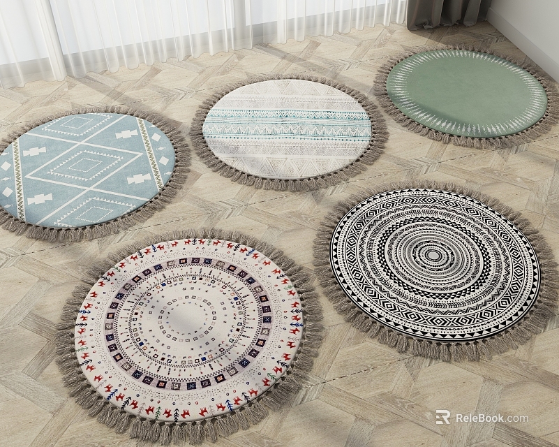 Stylish Round Rugs With Various Patterns Tassels And Colors On Wooden Floor 3d model 