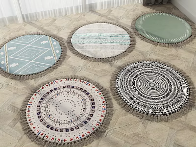 Stylish Round Rugs With Various Patterns Tassels And Colors On Wooden Floor 3d model