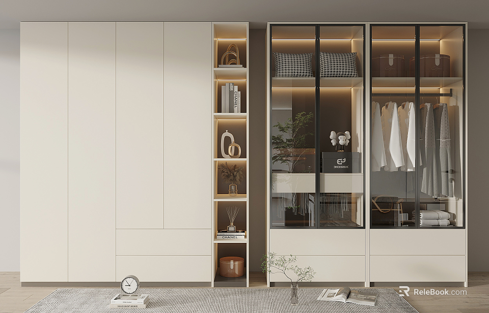 Modern Wardrobe Interior Design with Glass Doors Open Shelves and Hanging Storage Space 3d model 