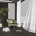 White Sheer Curtains In Modern Interior With Green Armchair Wooden Floor And Potted Plant