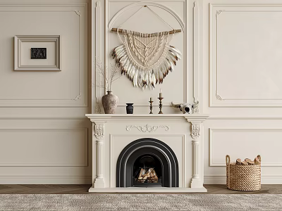 Carved White Fireplace with Macramé Hanging Vase Candlesticks and Wicker Firewood Basket in Paneled Interior 3d model