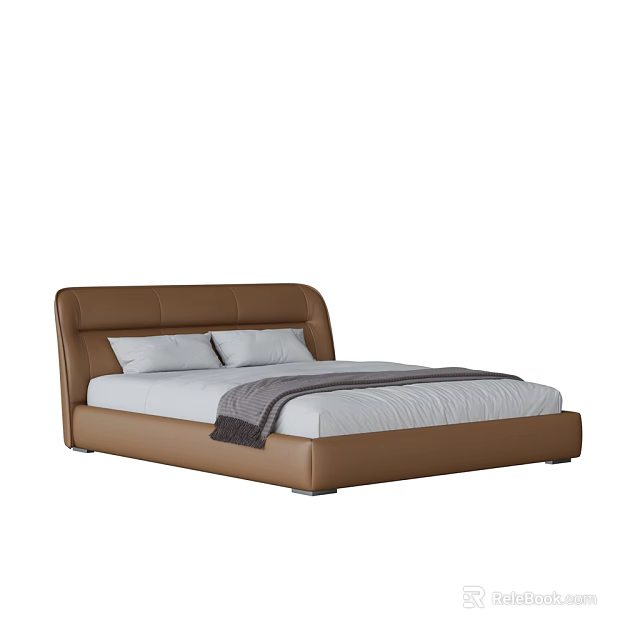 Modern Leather Double Bed With Brown Headboard White Pillows And Gray Throw Blanket 3d model