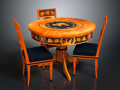 Round Wooden Dining Table With Decorative Inlay And Matching Chairs With Dark Blue Cushions 3d model