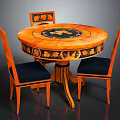Round Wooden Dining Table With Decorative Inlay And Matching Chairs With Dark Blue Cushions
