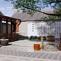 Traditional Village Square Scene With Tile Roof Calligraphy Wall And Stone Mill Elements