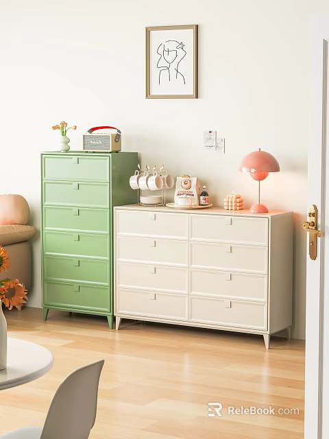 Stylish Entryway Cabinet and Side Cabinet with Decorative Items Table Lamp and Wooden Floor 3d model 