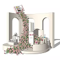 Floral Installation with Pink Flowers Arches and SK-II Products on White Display Stand