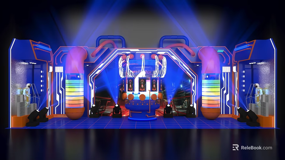 Futuristic Stage Setup With Neon Lights Colorful Stripes And Central Control Console 3d model 