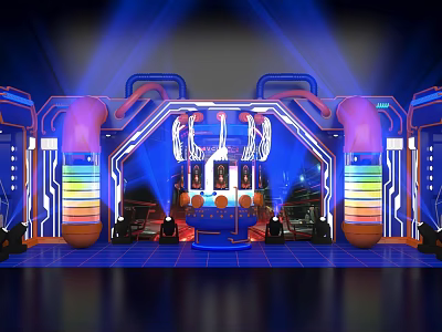 Futuristic Stage Setup With Neon Lights Colorful Stripes And Central Control Console 3d model