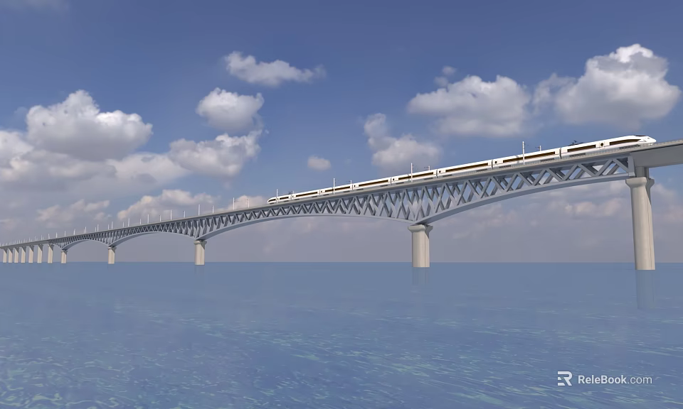 Modern Bridge With High Speed Train Crossing Over Blue Water and Sky 3d model 