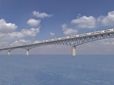Modern Bridge With High Speed Train Crossing Over Blue Water and Sky 3d model