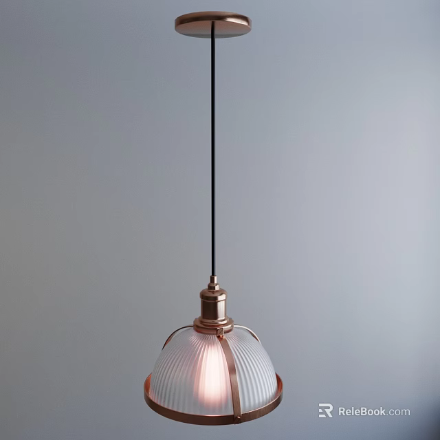 Modern Pendant Light With Copper Base And Ribbed Glass Shade Hanging In Minimalist Space 3d model 