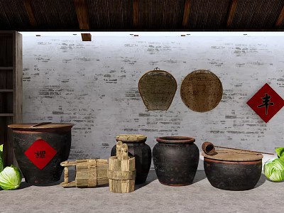Traditional Kitchenware Display With Earthen Jars Bamboo Sieves And Red Feng Character On Brick Wall 3d model
