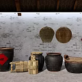 Traditional Kitchenware Display With Earthen Jars Bamboo Sieves And Red Feng Character On Brick Wall
