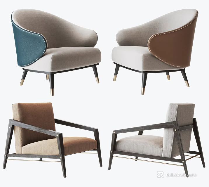 Modern Single Sofa Designs With Blue Brown Beige Gray Upholstery And Black Frame Golden Legs 3d model 