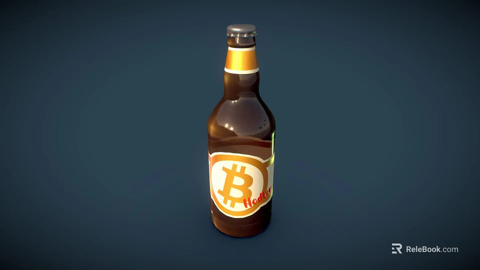 Brown Beer Bottle With Bitcoin Logo On Label Against Dark Background 3d model