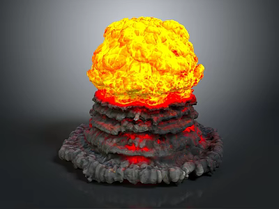 Cartoon Style Explosion Scene With Bright Yellow Orange Cloud And Layered Gray Red Base 3d model