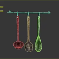 Stainless Steel Kitchen Utensils Hanging On Metal Rod For Cooking Use