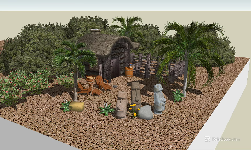 Wooden Hut with Thatched Roof Surrounded by Palm Trees and Stone Statues in Natural Setting 3d model 