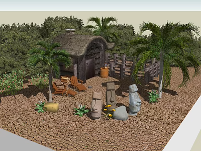 Wooden Hut with Thatched Roof Surrounded by Palm Trees and Stone Statues in Natural Setting 3d model