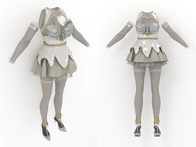 Elegant Gray White Cosplay Clothing With Metallic Details Short Skirt Stockings And High Heels 3d model
