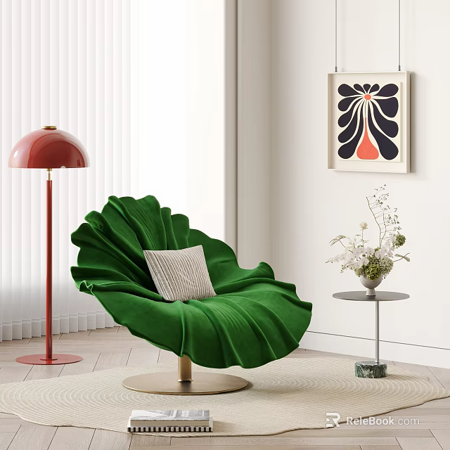 Green Leaf Shaped Lounge Chair With Light Cushion Red Floor Lamp And Decorative Painting 3d model 