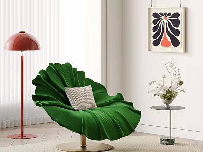 Green Leaf Shaped Lounge Chair With Light Cushion Red Floor Lamp And Decorative Painting 3d model