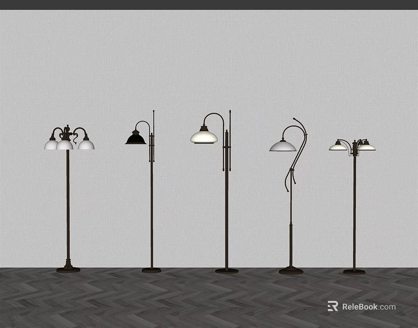 Stylish Floor Lamps With Various Designs And Different Shades In Interior Space 3d model 