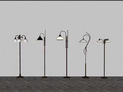 Stylish Floor Lamps With Various Designs And Different Shades In Interior Space 3d model