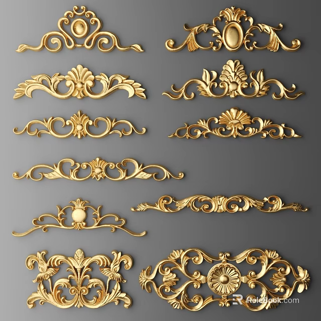 Golden Intricate Carved Decorations With Various Floral And Scroll Patterns 3d model