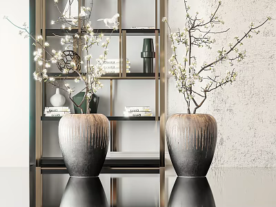 Gray Textured Vases with White Flowering Branches on Table with Metal Shelf Books and Lighting 3d model