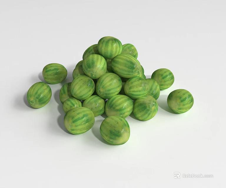 Pile of Fresh Green Striped Small Round Flowering Plant Fruits 3d model 
