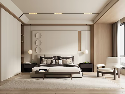 Modern Minimalist Bedroom With Wooden Elements King Bed Nightstands Pendant Lights Rug And Accent Chair 3d model